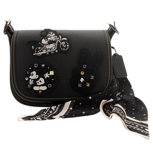 Coach Mickey Patricia Saddle 18 In Glove Calf Leather With Mickey Patches Black