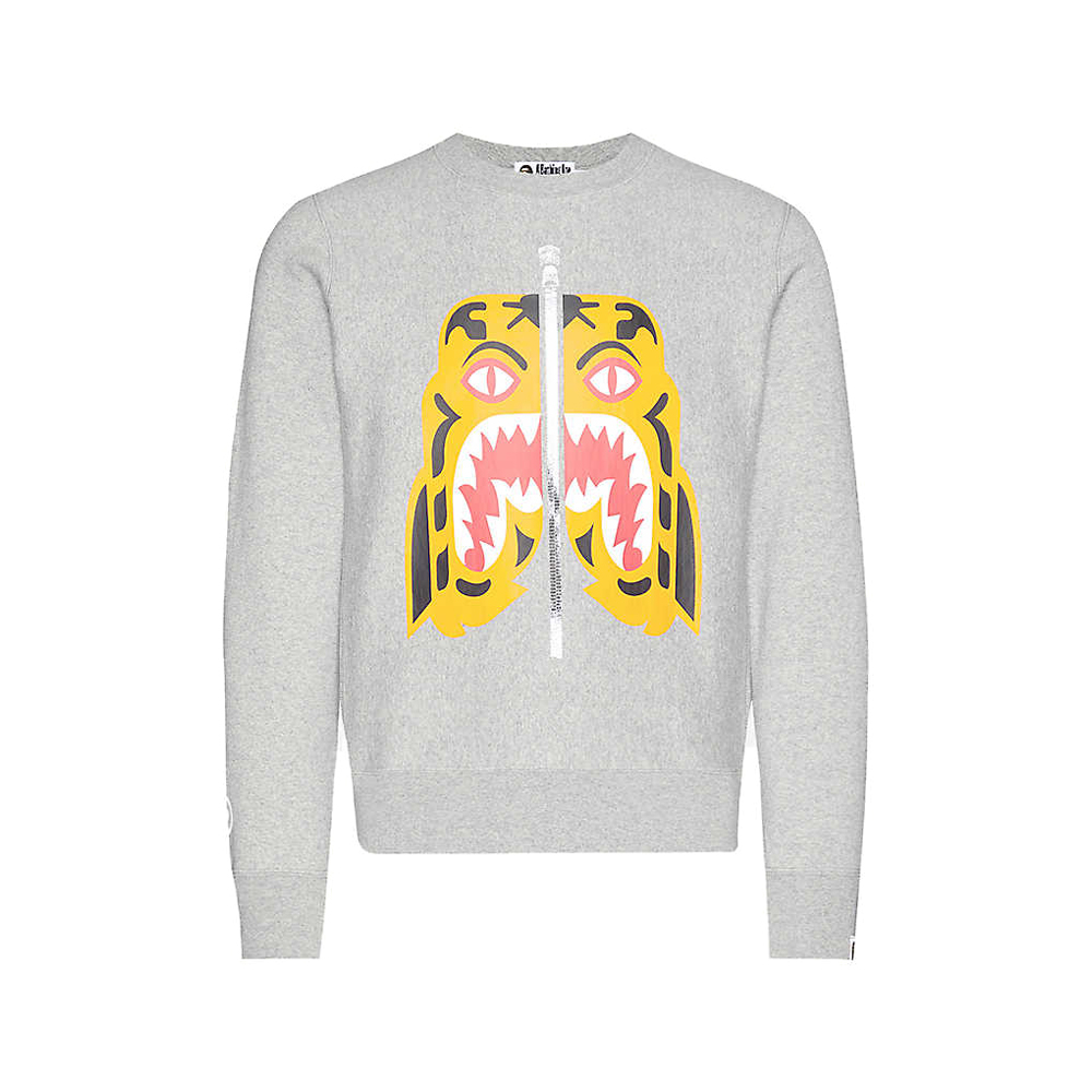 BAPE Tiger Print Cotton Jersey Sweatshirt Grey