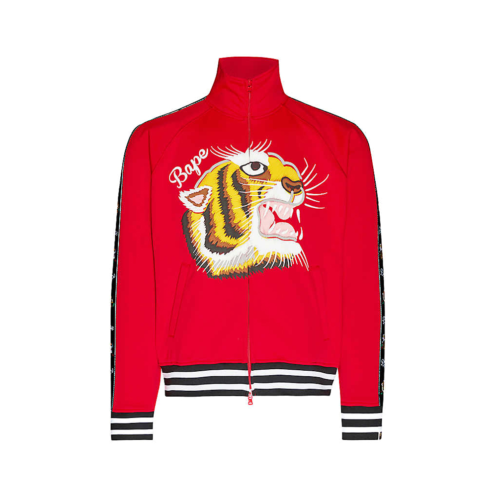 BAPE Tiger Jersey Woven Zip Up Jacket Red