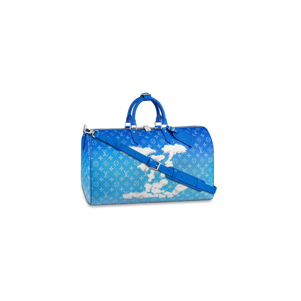 Louis Vuitton Keepall Bandouliere Clouds Monogram 50 Blue in Coated Canvas  with Silver-toneLouis Vuitton Keepall Bandouliere Clouds Monogram 50 Blue  in Coated Canvas with Silver-tone - OFour