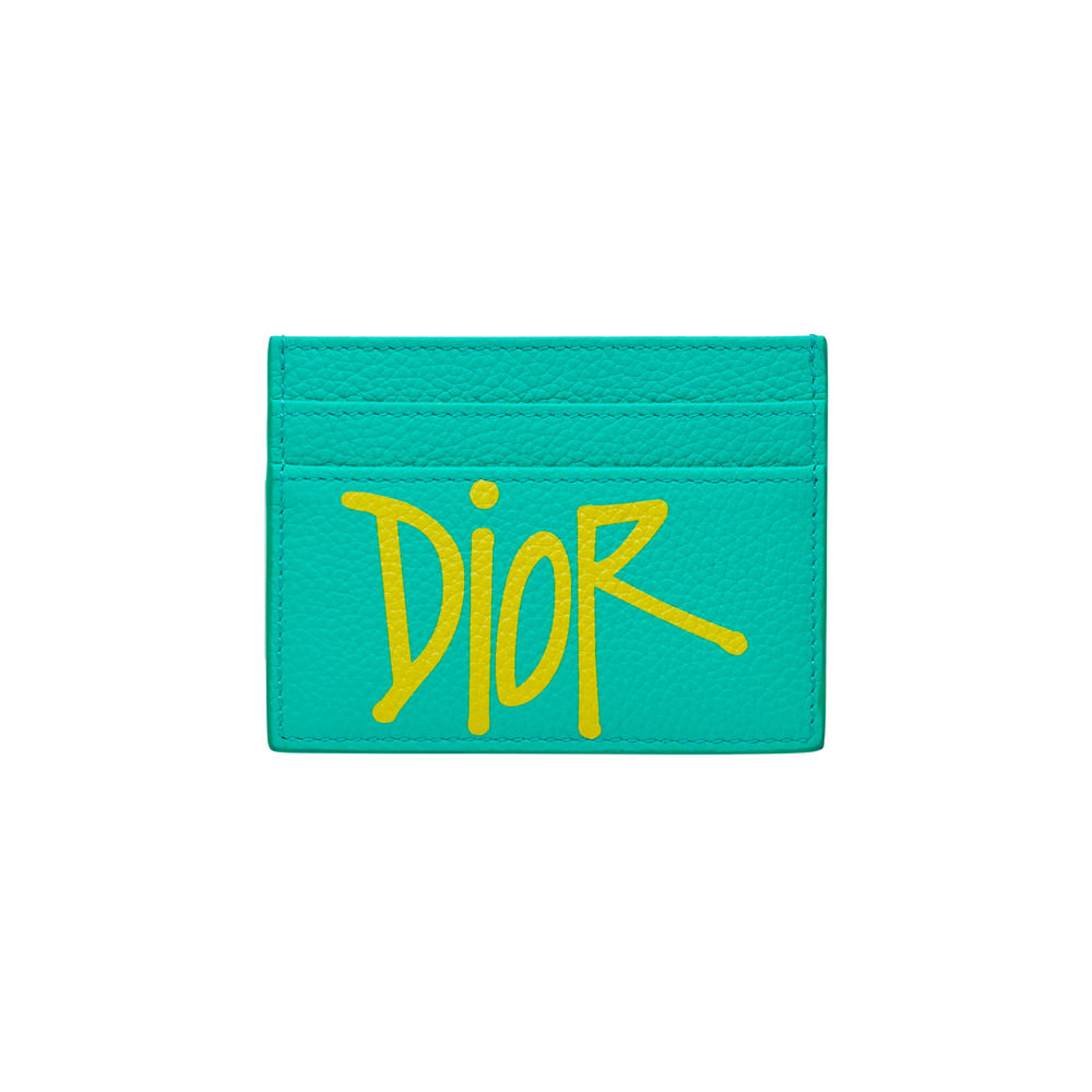 Dior And Shawn Card Holder (4 Card Slot) Green/Yellow in Grained Calfskin