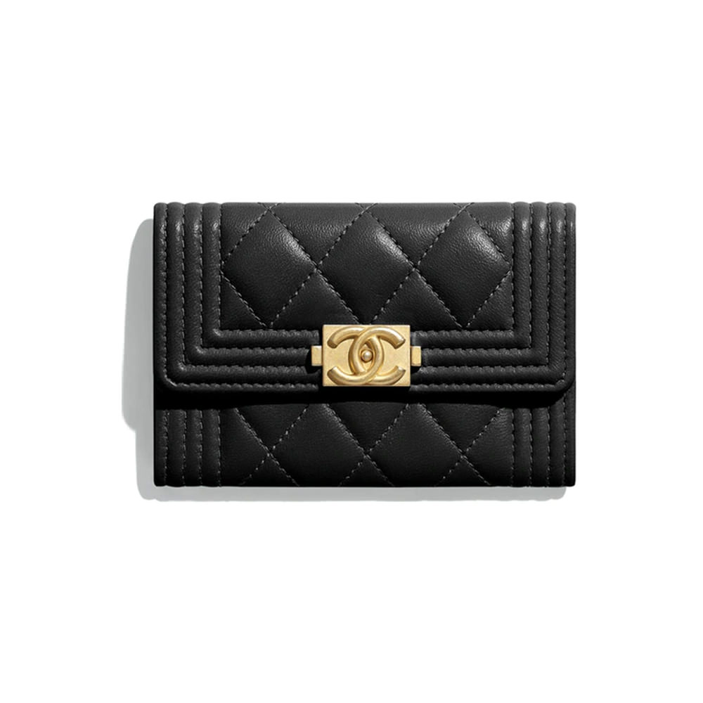 Chanel Boy Flap Card Holder Quilted Lambskin Gold-tone Black