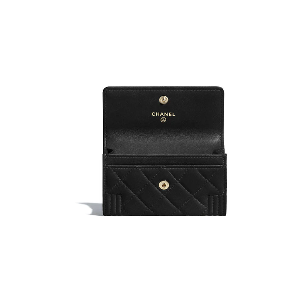 Chanel Boy Flap Card Holder Quilted Lambskin Gold-tone Black in
