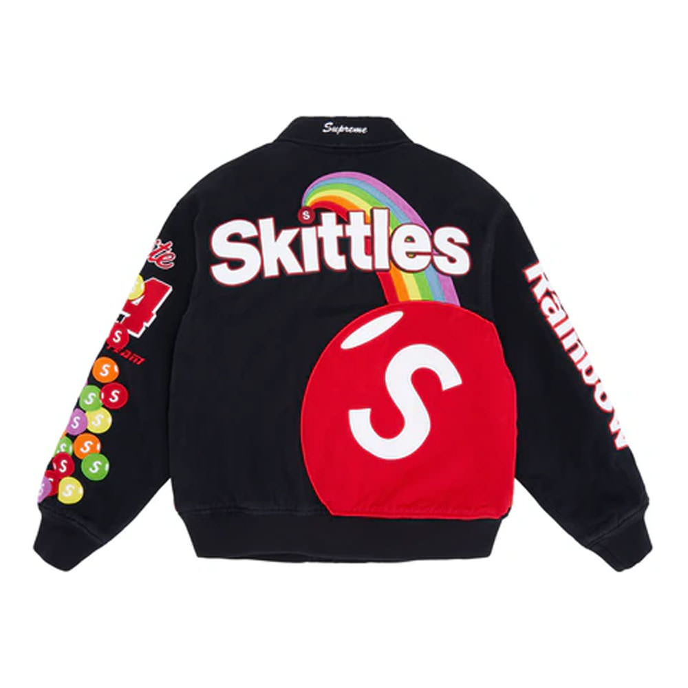 Supreme Skittles Mitchell & Ness Varsity Jacket BlackSupreme Skittles  Mitchell & Ness Varsity Jacket Black - OFour