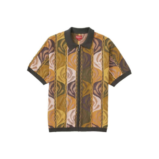 Supreme Abstract Textured Zip Up Polo Dark Olive