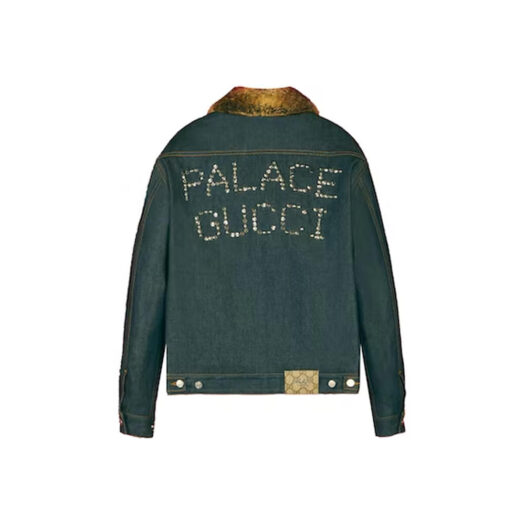 Palace x Gucci Crystals and Studs Details Denim/Faux Fur Jacket Dark Blue Denim