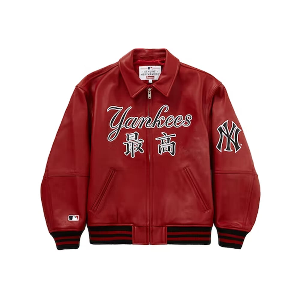 Supreme New York Yankees Kanji Leather Varsity Jacket RedSupreme New York  Yankees Kanji Leather Varsity Jacket Red OFour