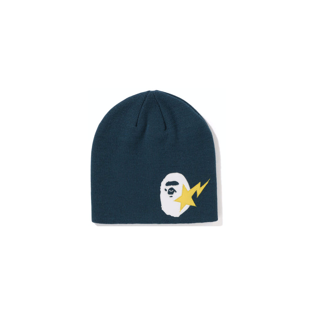 BAPE Sta Ape Head Leather Patched Knit Beanie Navy