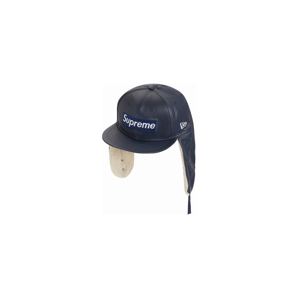 Supreme Leather Earflap Box Logo New Era NavySupreme Leather Earflap Box  Logo New Era Navy - OFour