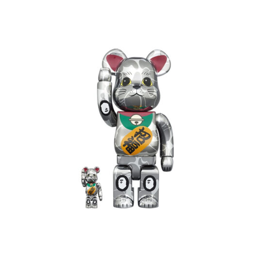 Bearbrick x BAPE Maneki Neko 100% & 400% Set Silver Plated
