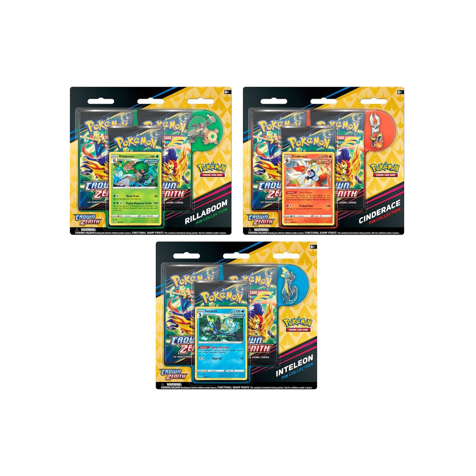 Pokémon TCG Sword & Shield Crown Zenith Rillaboom/Cinderace/Inteleon Pin Collection 3x Bundle
