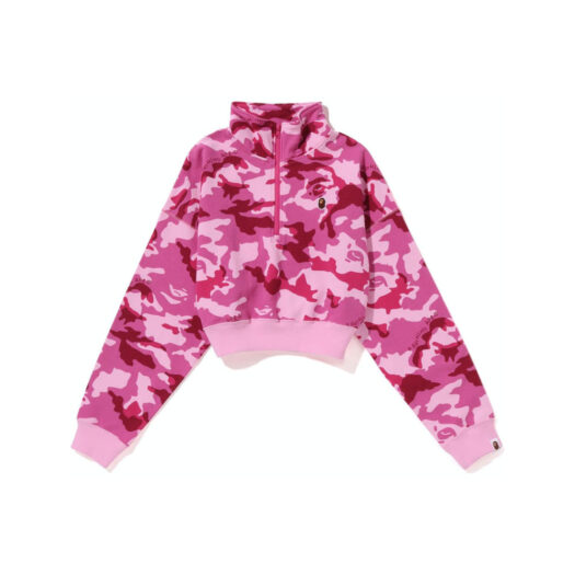 BAPE Women's Woodland Camo Cropped Half Zip Sweater Pink