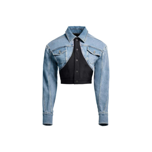 Mugler H&M Defined-Waist Denim Crop Jacket Light Denim Blue/Black