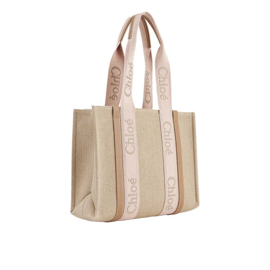 CHLOE Woody medium linen and leather tote bag