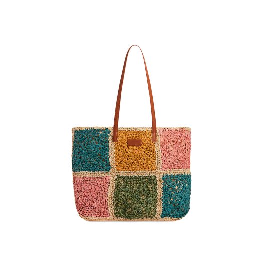 Contrast square-pattern raffia shopper bag