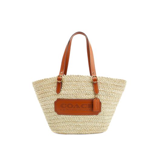 Logo-patch straw and leather tote bag
